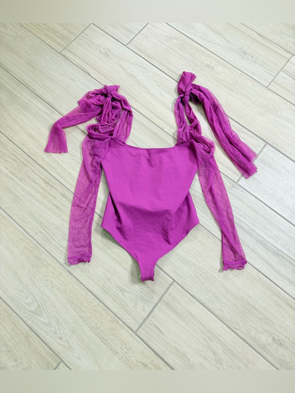 Free People Bodysuit Fuchsia Mesh Long Sleeve Bow Size M NWOT